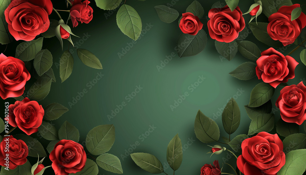 Border of red roses on green background. Invitation card