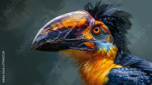 majestic knobbed hornbill rhyticeros cassidix closeup portrait digital painting photo