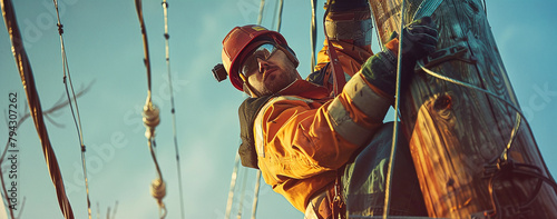 Lineman in uniform works on an electric pole photo