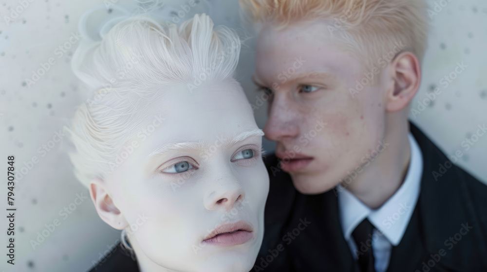 Albino man and woman with a calm expression on a light background
