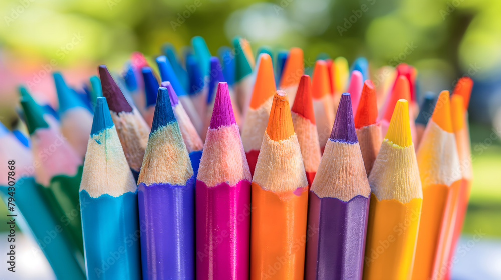 A vibrant close-up of sharpened colored pencils arranged in an eye-catching spectrum, ready to bring illustrations and artistic visions to life against a soft, blurred background. - obrazy, fototapety, plakaty 