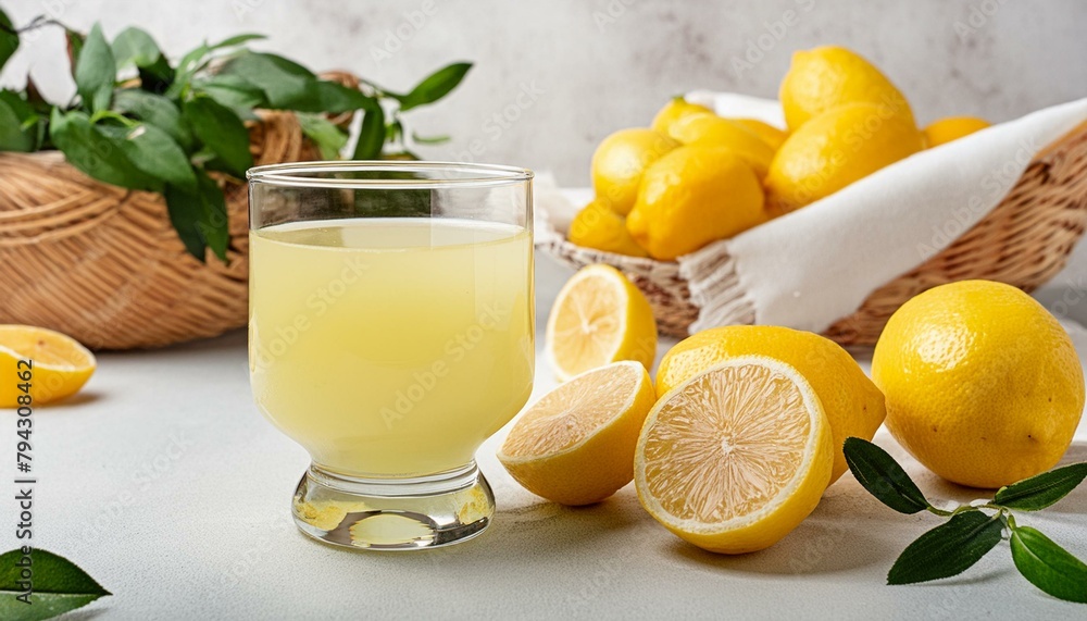 Glass of Freshly Squeezed Lemon Juice with Sliced and Whole Lemon - obrazy, fototapety, plakaty 
