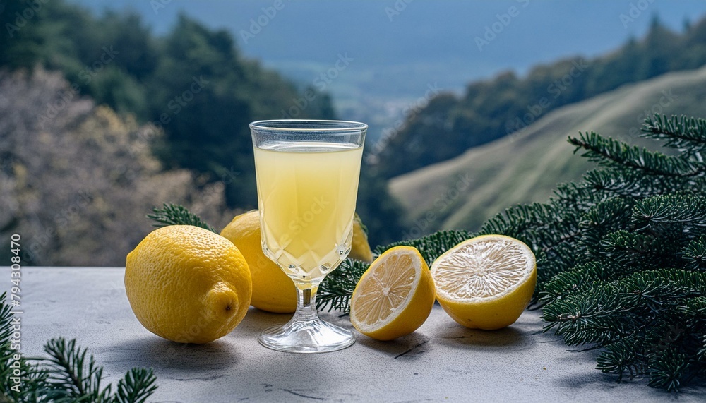 Lemon Juice: Glass with Sliced and Whole Lemon on Background - obrazy, fototapety, plakaty 