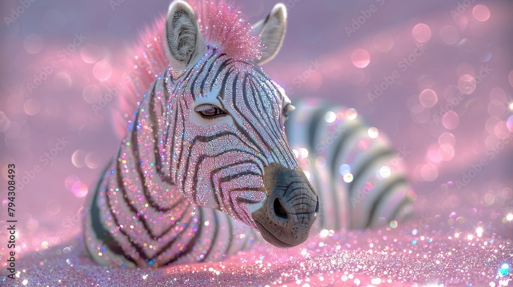 Fototapeta premium A tight shot of a zebra adorned with glitter, against a pink backdrop sky