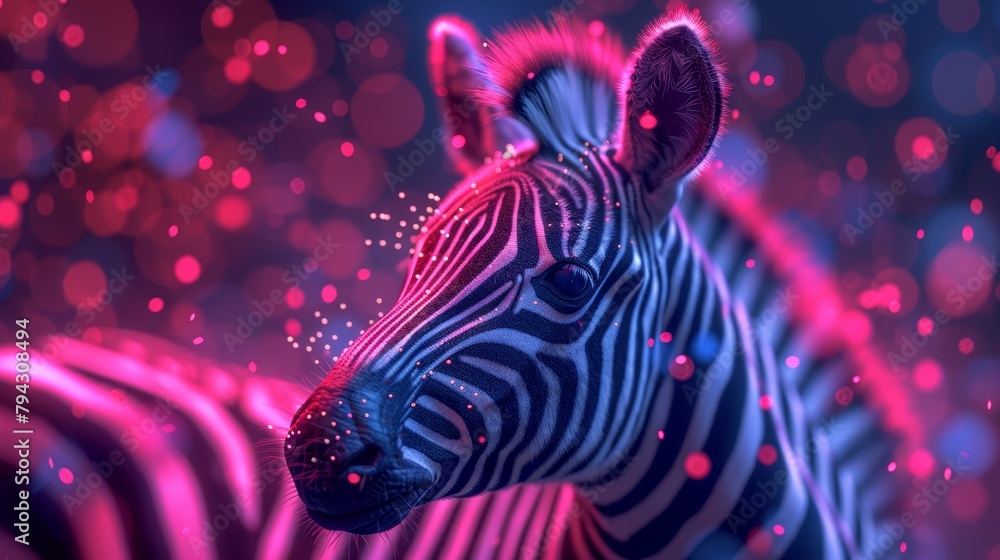 Fototapeta premium A tight shot of a zebra's head against a hazy backdrop of pink and blue lights