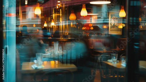 A blurry image of a restaurant with people sitting at tables