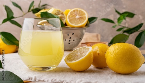 Glass of Freshly Squeezed Lemon Juice with Sliced and Whole Lemon Background