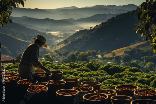 Mountainous coffee plantation to its fullness., generative IA photo
