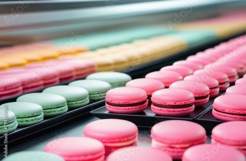 Close-up. Conveyor at a confectionery factory with macaron desserts