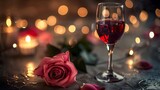 romantic still life with glass of red wine and delicate pink rose intimate atmosphere
