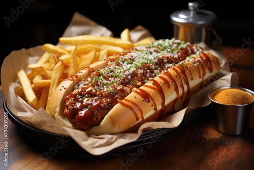 White grilled chicken dog with special sauce and potatoes., generative IA