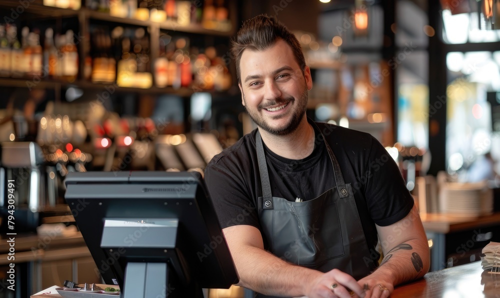 A happy restaurant businessman with the new modern POS system A happy restaurant businessman with the new modern POS system