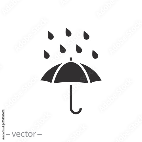 protect from water drops icon, rain umbrella, warning from moisture, flat symbol on white background - vector illustration