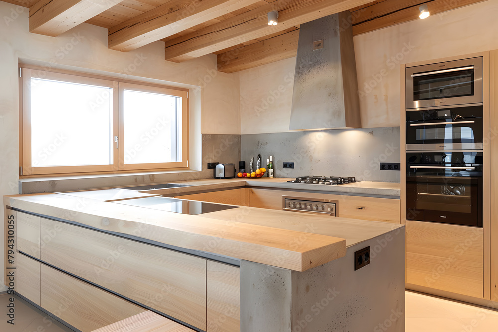 Contemporary modern kitchen interior in beige colors and concrete elements.