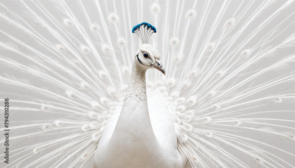 Fototapeta premium Elegant White Peacock Displaying Its Splendid Feathers