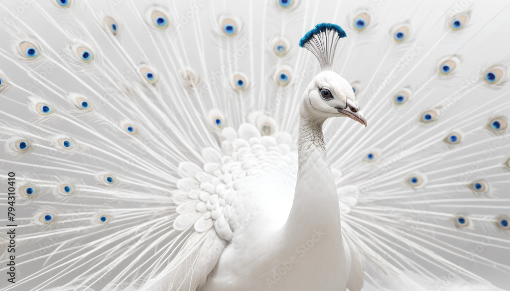 Obraz premium Elegant White Peacock Displaying Its Splendid Feathers