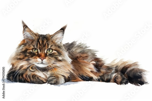 Cymric, or Longhaired Manx watercolor, isolated on white background. photo