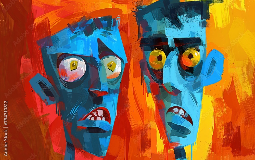 Obraz premium Two male faces with big eyes and open mouths. The faces are in a cartoonish drawn style. The scene is disturbing. OMG emotions. Illustration for cover, card, postcard, interior design, decor or print.