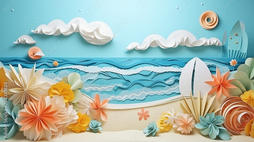 Abstract paper art of summer seascape with sea water splash and beach accessories on the beach.