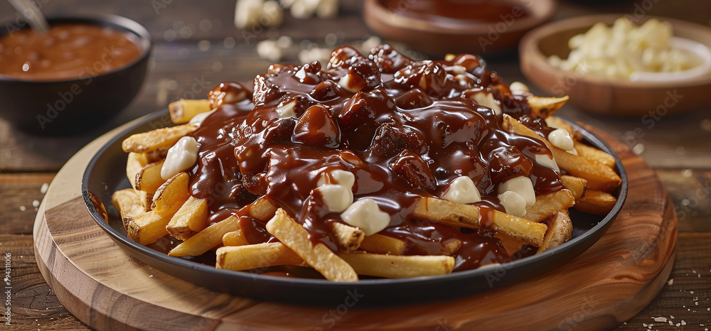 Canadian dish poutine with french fries and cheese curds covered in brown sauce Canadian dish poutine with french fries and cheese curds covered in brown sauce