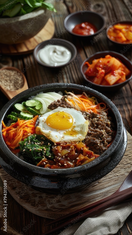 bibimbap, featuring minimal background elements that allow the super detailed and super realistic presentation of this iconic Korean dish to shine.