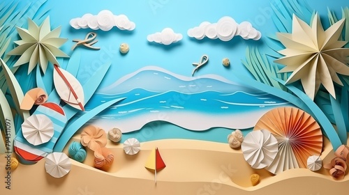 Abstract paper art of summer seascape with sea water splash and beach accessories on the beach.