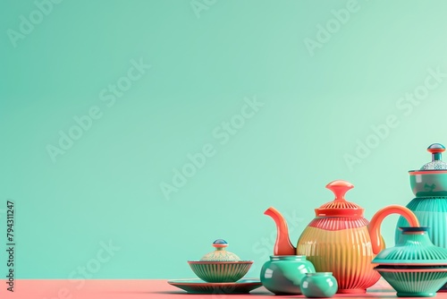 A row of colorful teapots and cups on a table