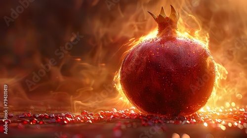   A tight shot of a flamed pomegranate crowned above photo