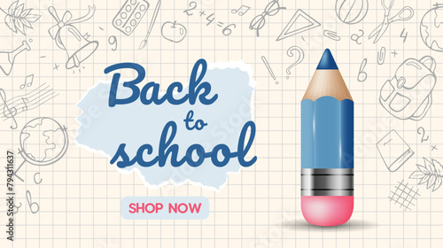Blue pencil and school supplies on checkered paper background. Back to school, online school. Web banner, poster template for website, landing page and mobile app. Doodle style isolated vector illustr