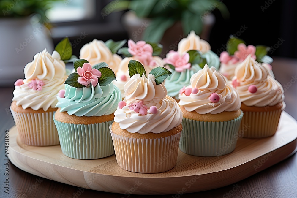 Vanilla cupcakes with buttercream and tray confectionery., generative IA