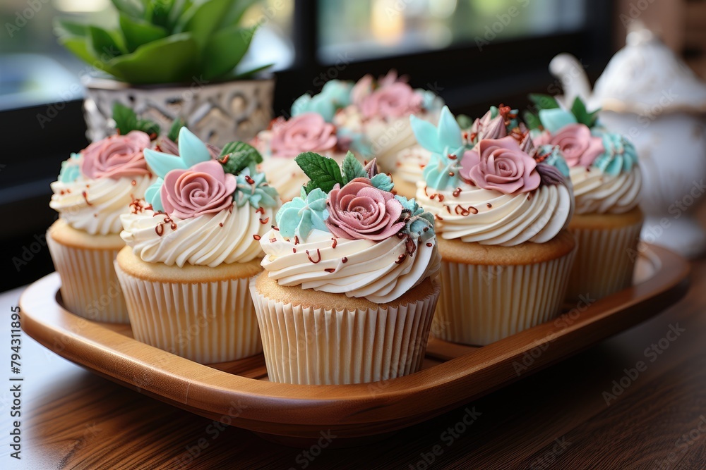Vanilla cupcakes with buttercream and tray confectionery., generative IA