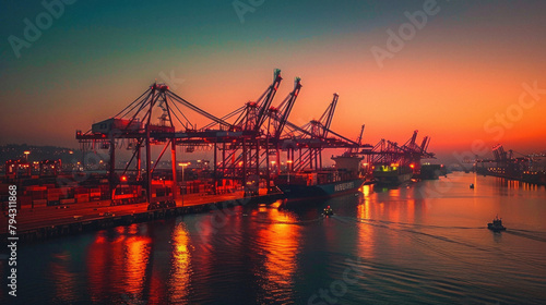A large ship is docked at a port with a beautiful sunset in the background © Art AI Gallery