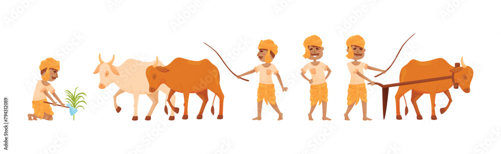 Man Asian Farmer Working on Field Vector Set Man Asian Farmer Working on Field Vector Set