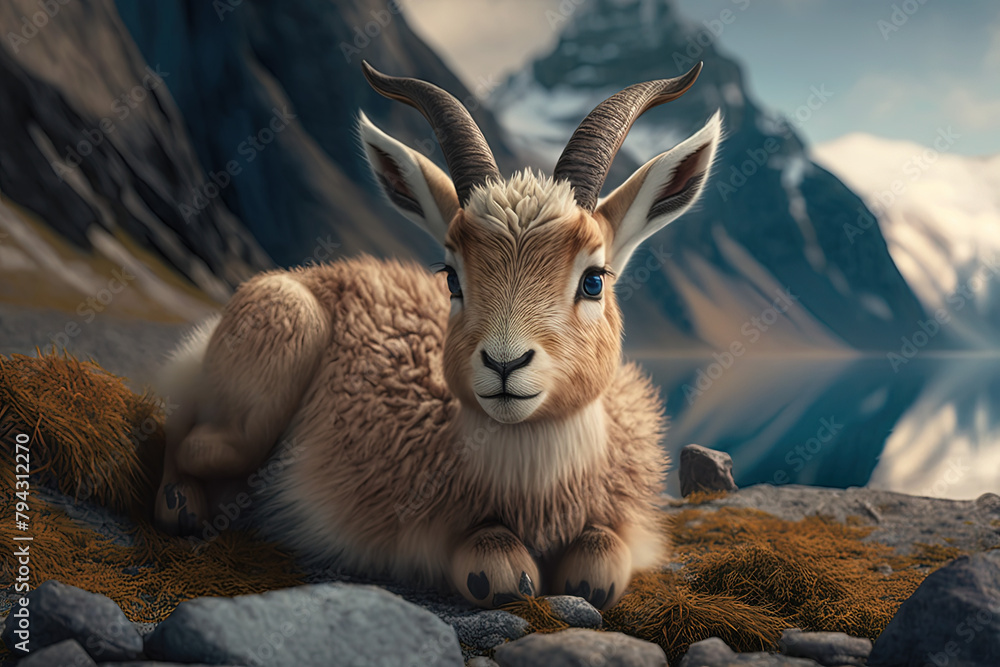 Fototapeta premium Baby alpine ibex sitting down with mountain background