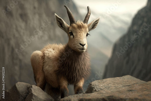 Baby alpine ibex on mountain background photo