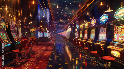 A casino with a lot of slot machines and a lot of red chairs