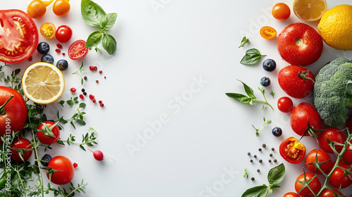 Healthy food background   studio photography of different fruits and vegetables isolated on white background  Close up  Copy space