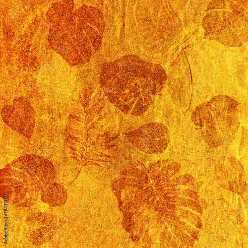 Ilustracja tekstura vintage motyw roślinny pomarańczowo żółte barwy. © Monika