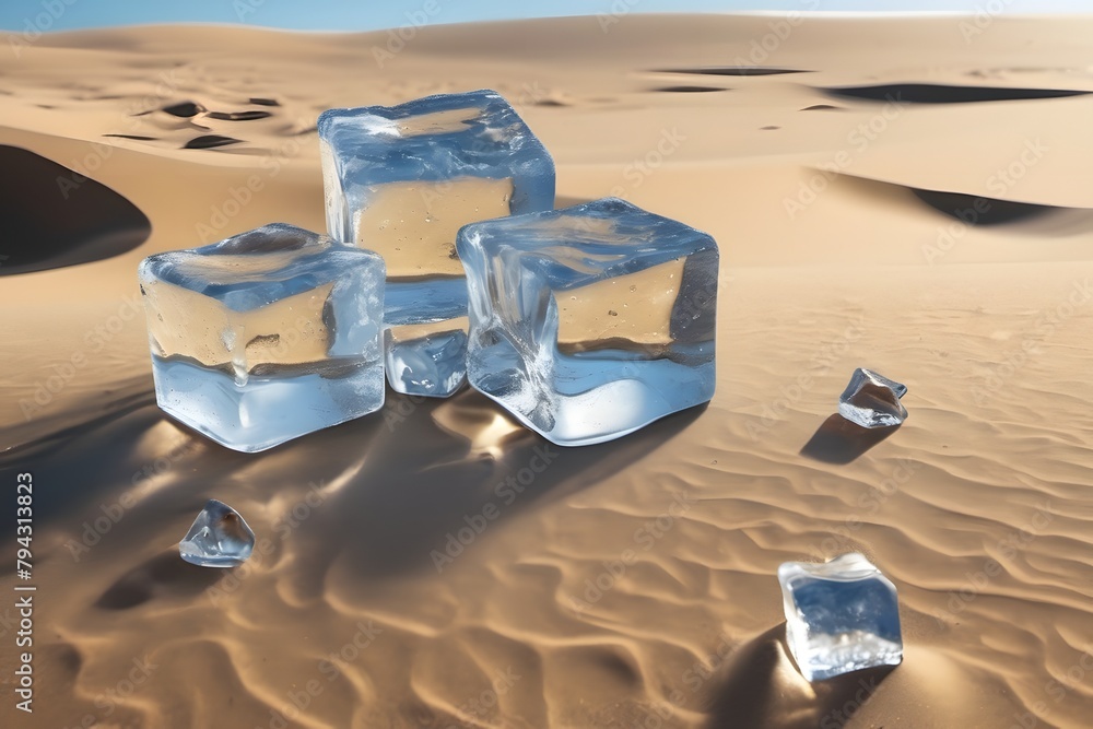 Marvel at the paradox as ice cubes defiantly melt in the scorching desert sands, a fleeting oasis amid relentless heat and aridity. - obrazy, fototapety, plakaty 