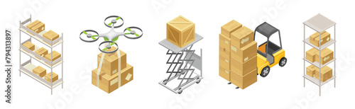 Warehouse and Storehouse with Cardboard Box Isometric Vector Set