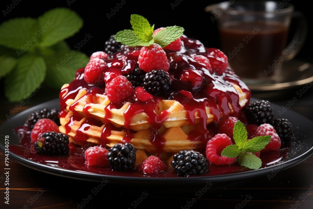 Golden waffles with red fruits and raspberry syrup., generative IA Golden waffles with red fruits and raspberry syrup., generative IA