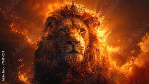 A lion with crown on fire, in the background is fiery sky and orange color. Created with Ai