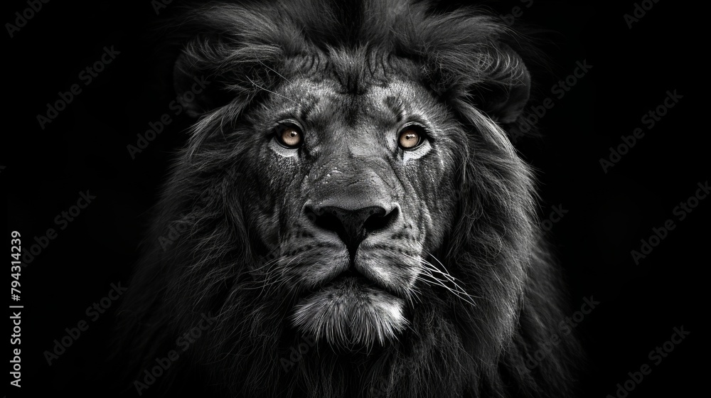 Graphite art image of a lion's head on a black background in black and white.