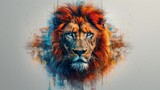 Artistic, color, realistic portrait of a lion's head with watercolor splashes on white.