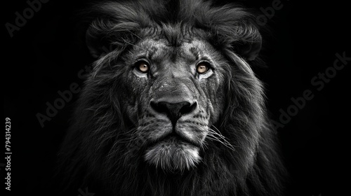 Graphite art image of a lion's head on a black background in black and white.