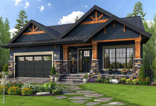 3D render of modern craftsman style home with dark blue exterior, large windows and stone accents. Created with Ai © Design Dockyard