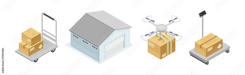Warehouse and Storehouse with Cardboard Box Isometric Vector Set Warehouse and Storehouse with Cardboard Box Isometric Vector Set