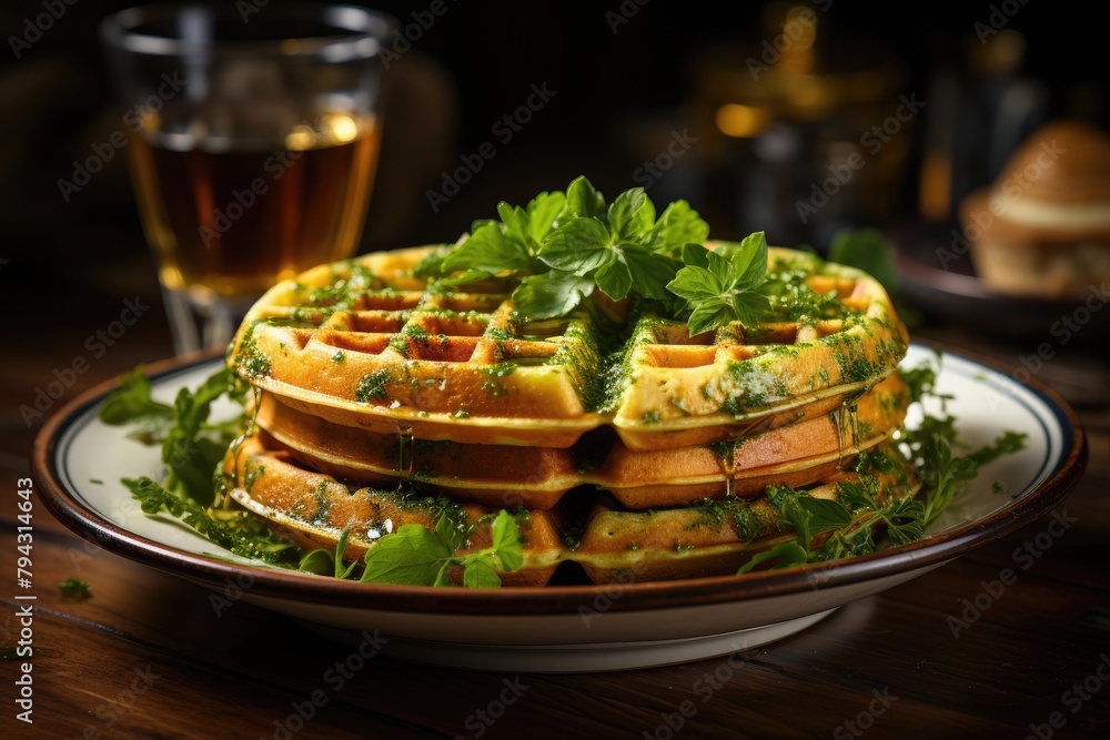 Avocado waffles with lemon and coriander sauce., generative IA Avocado waffles with lemon and coriander sauce., generative IA