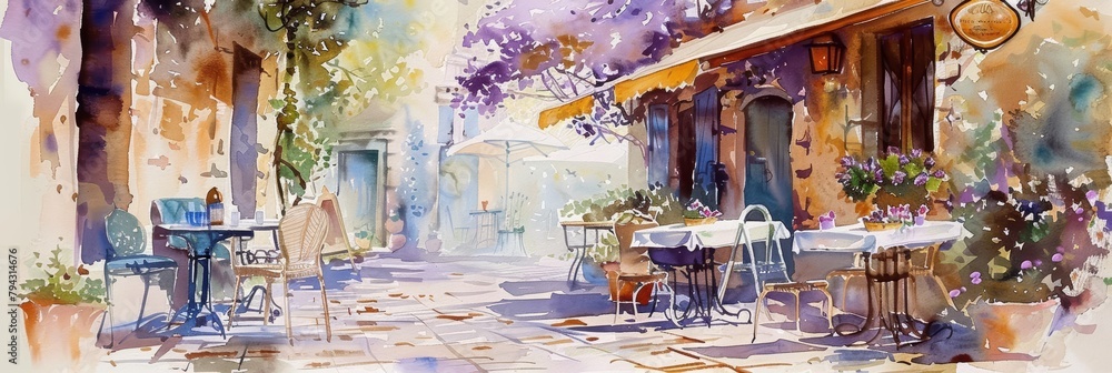 A charming street cafe scene, depicted in watercolor washes of lavender and mint, capturing the essence of a peaceful afternoon A charming street cafe scene, depicted in watercolor washes of lavender and mint, capturing the essence of a peaceful afternoon