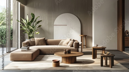 a serene living room adorned with a brown single sofa  wooden coffee table  and neutral carpet  complemented by Scandinavian-style home decor and lush greenery against a soothing grey background.